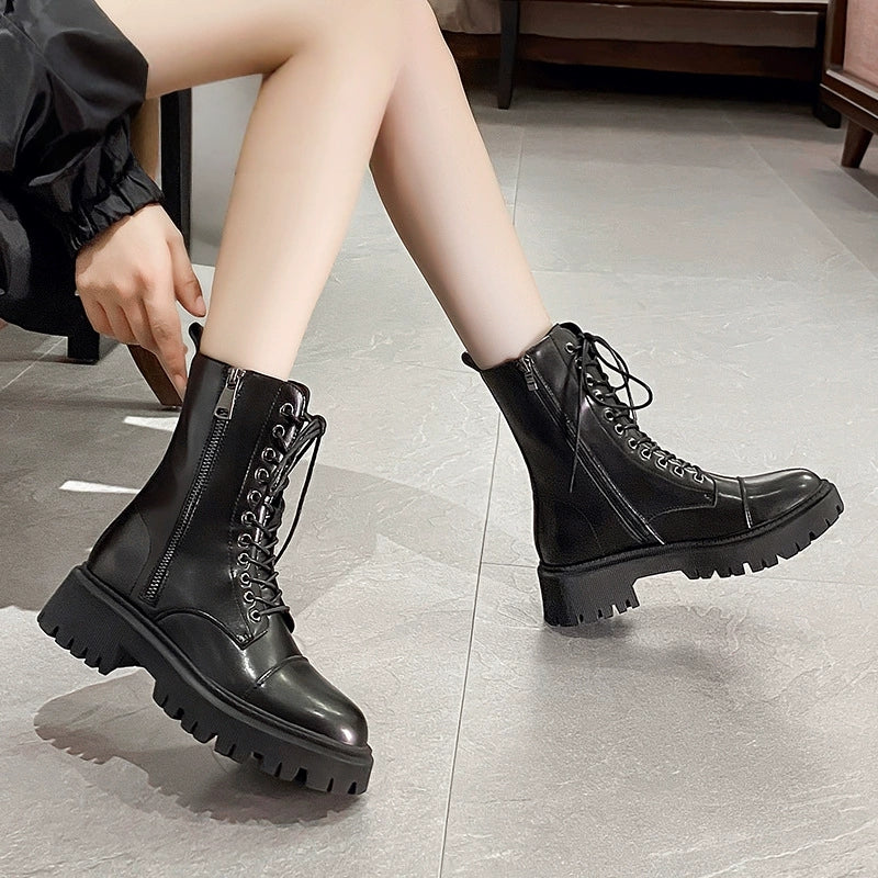 Women's Genuine Leather Ankle Boots — Retro Round-Toe Lace-Up Boots with Side Zipper and Block Heel (Martens Style)