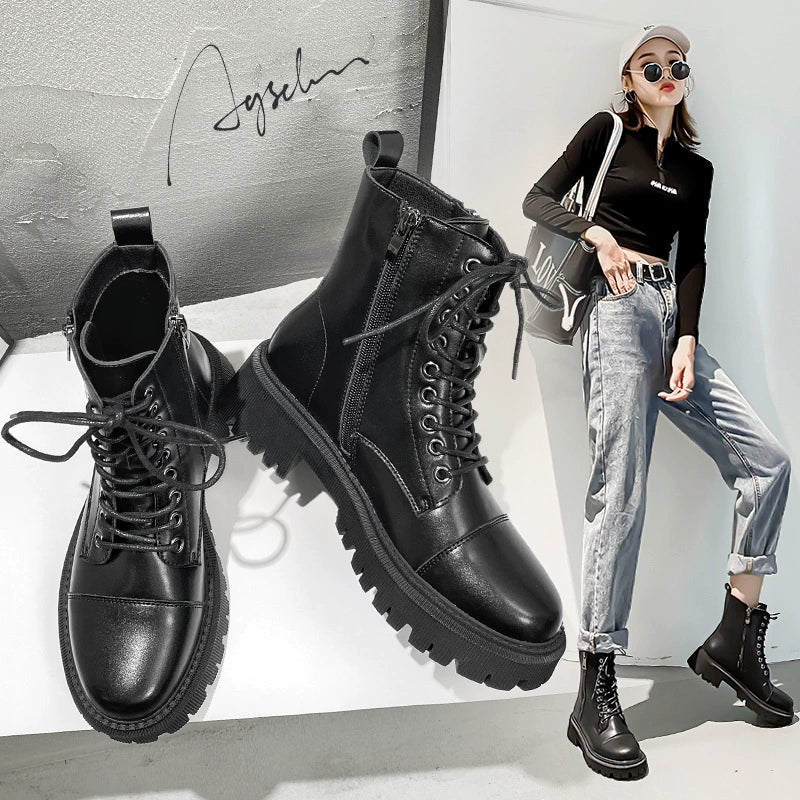 Women's Genuine Leather Ankle Boots — Retro Round-Toe Lace-Up Boots with Side Zipper and Block Heel (Martens Style)