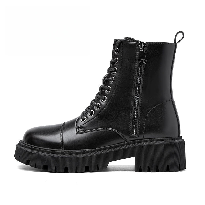 Women's Genuine Leather Ankle Boots — Retro Round-Toe Lace-Up Boots with Side Zipper and Block Heel (Martens Style)