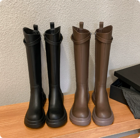 Genuine Leather Women's Knee-High Boots — Mid-Calf, Snug-Fit Stretch Boots with Chunky Soles and Round Toes — Stylish High Boots for Autumn/Winter