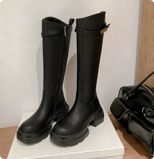 Genuine Leather Women's Knee-High Boots — Mid-Calf, Snug-Fit Stretch Boots with Chunky Soles and Round Toes — Stylish High Boots for Autumn/Winter