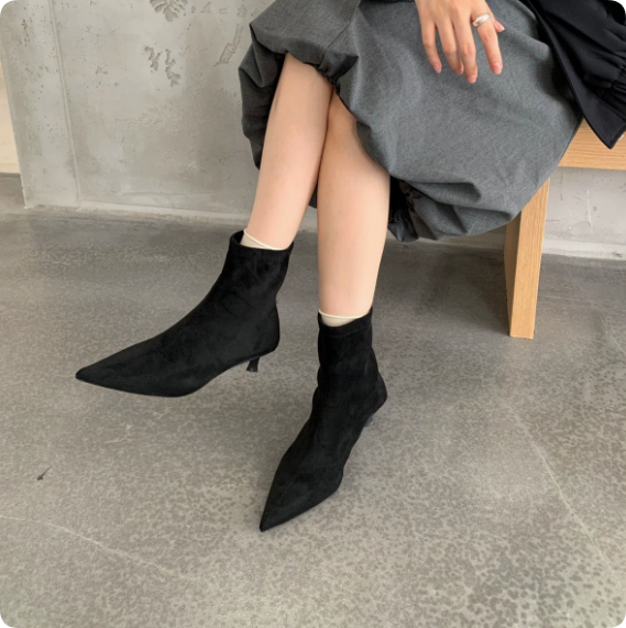 Plus-Size Elastic Pointed-Toe High-Heel Boots — New Autumn Suede Style — Slimming Slip-On Design — Women's Fashion Ankle Boots
